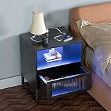 LUXFFY Led Nightstand - Black Bedside Table with Drawer - End Table with Charging Ports -...