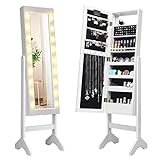 Giantex Standing Jewelry Armoire with 18 LED Lights Around the Door, Large Storage Mirrored Jewelry...
