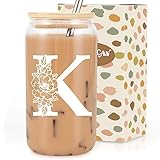 Coolife Initial Glass Cup, Monogrammed Gifts for Women, 16 oz Glass Cups w/Lids Straws, Iced Coffee,...